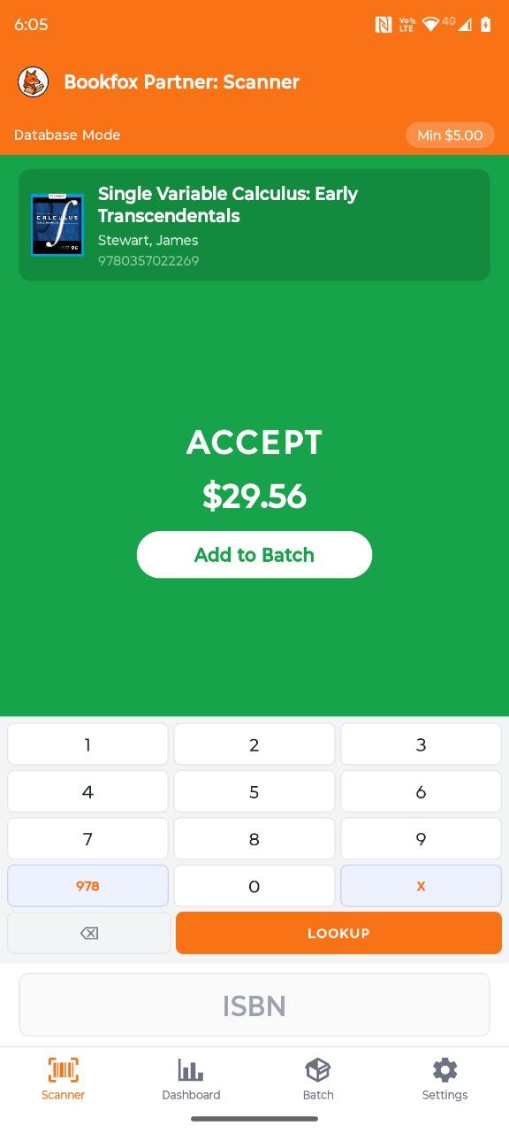 The Bookfox app showing an instant offer for a scanned book